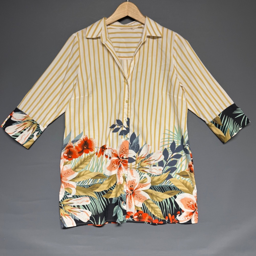 Soft Surroundings Yellow Striped Tropical Floral Tunic Shirt Petite Medium PM - Picture 1 of 6